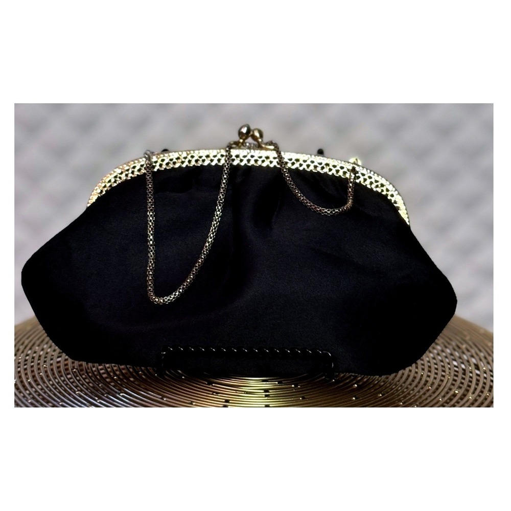Bridgertoncore Walborg‎ Rare Vintage Black Pleated Evening Bag Gold Filigree